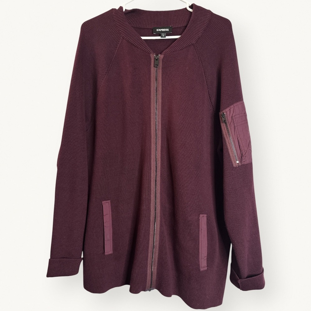 Express Mens XL Burgundy Cotton Knit Full Zip Bomber Cardigan Utility Sweater